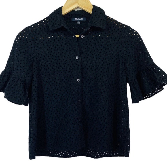Madewell Tops - Madewell Black Eyelet Button Up Flare Bell Sleeve Blouse XXS
